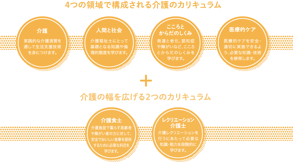 4つの領域で構成される介護のカリキュラム + 介護の幅を広げる2つのカリキュラム